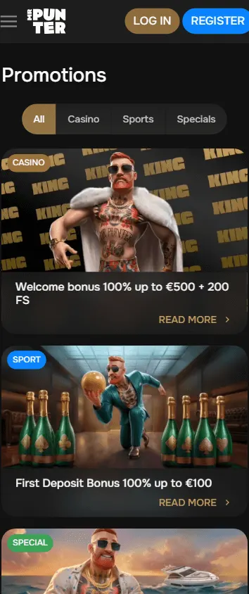 Mrpunter Casino promotions area on a mobile browser